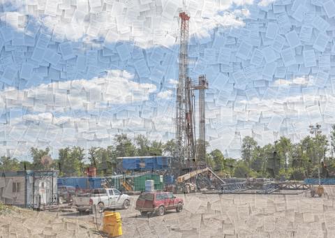 a fracking rig construction site in Pennsylvania overlaid with images of documents