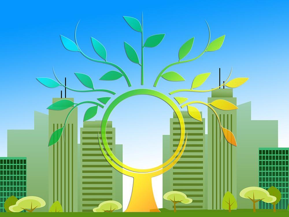 Illustration of a green city with a figure of a tree in the center